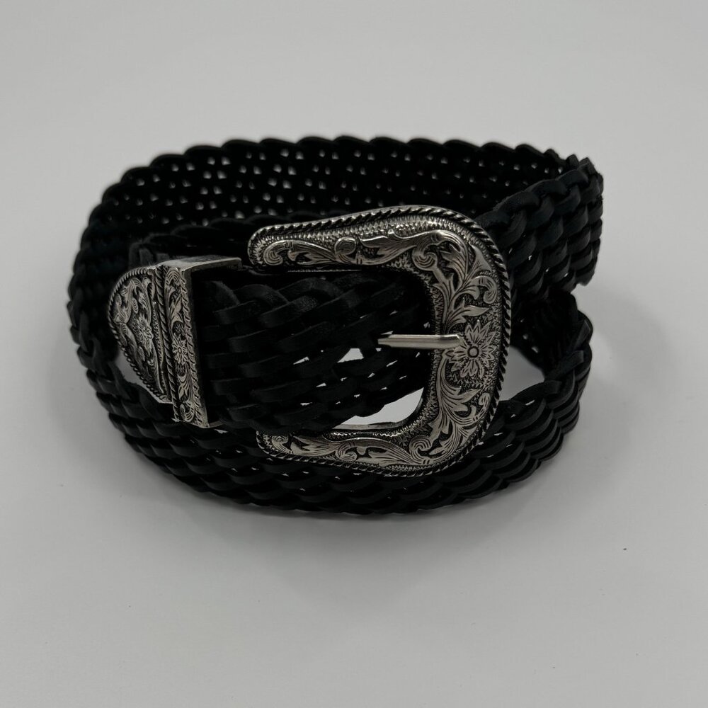Omega Woven Leather Belt With Ornate Silver Buckle Size Large